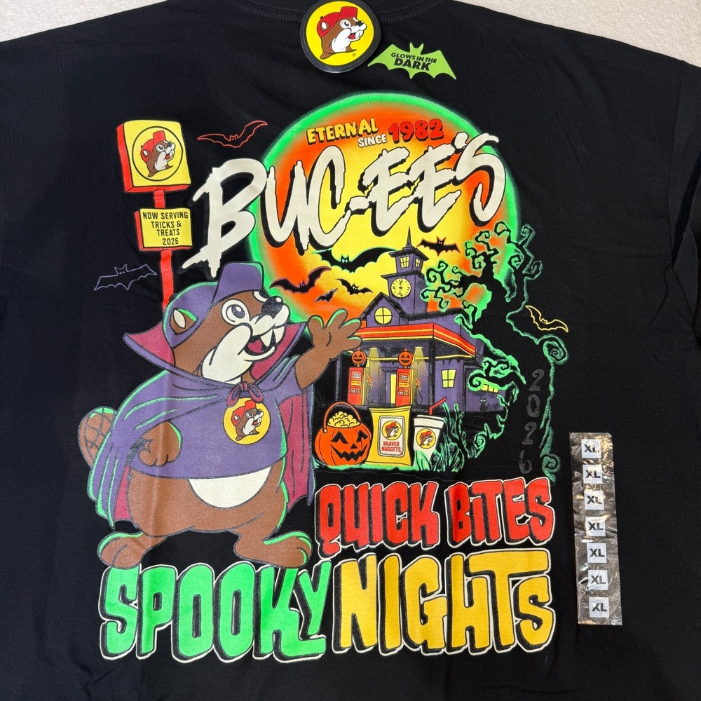 Buc-ee's Halloween T-Shirt XLarge 2026 Spooky Nights Glow In The Dark Black NWT